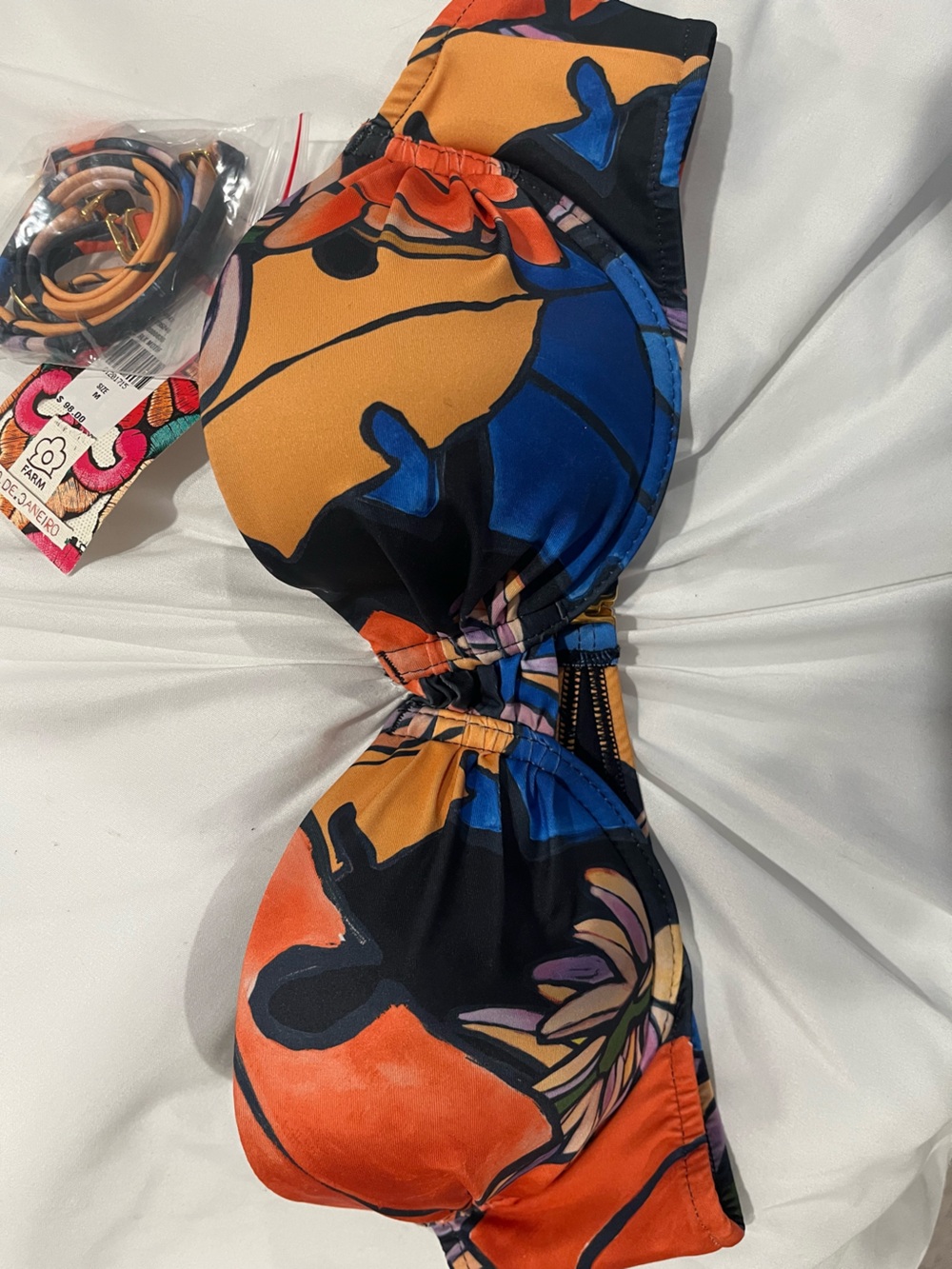 NWT FARM Rio Rip Tide Orange Blue Black Floral Bikini Top
